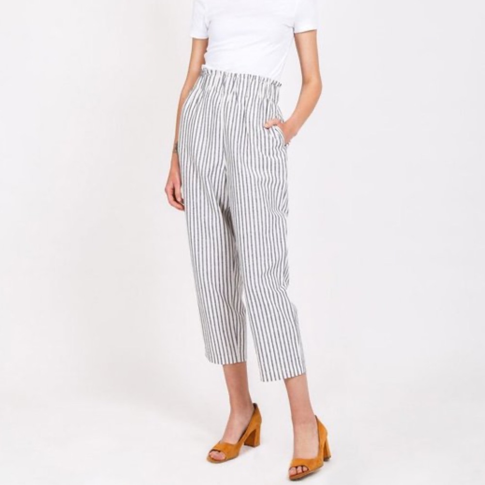 Mo-Vint Blue & Ivory Striped Linen Gathered Waist Ankle Length Trousers, Large